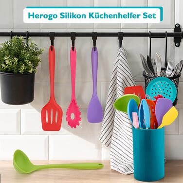 Набор кухонных гаджетов Herogo, набор силиконовой кухонной утвари из 22 предметов с держателем для посуды, термостойкие кухонные столовые приборы, кухонная утварь, здоровая и антипригарная, можно мыть в посудомоечной машине, (красочный)