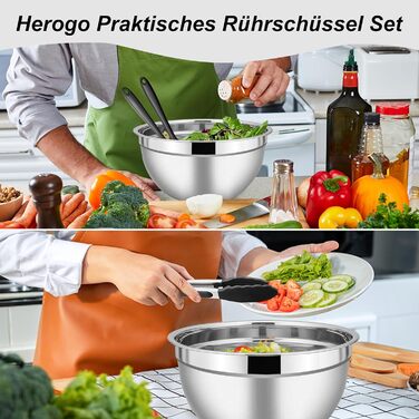 Чаша Herogo с крышкой, набор салатников из нержавеющей стали из 5 шт., размер 4,5 л / 2,7 л / 1,5 л / 1,2 л / 0,7 л, штабелируемая миска для смешивания и сервировки на кухне, включая принадлежности для выпечки, можно мыть в посудомоечной машине (черный)