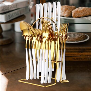 Набір столових приборів на 6 осіб, 24 предмети з тримачем, чорно-золотистий Wekity