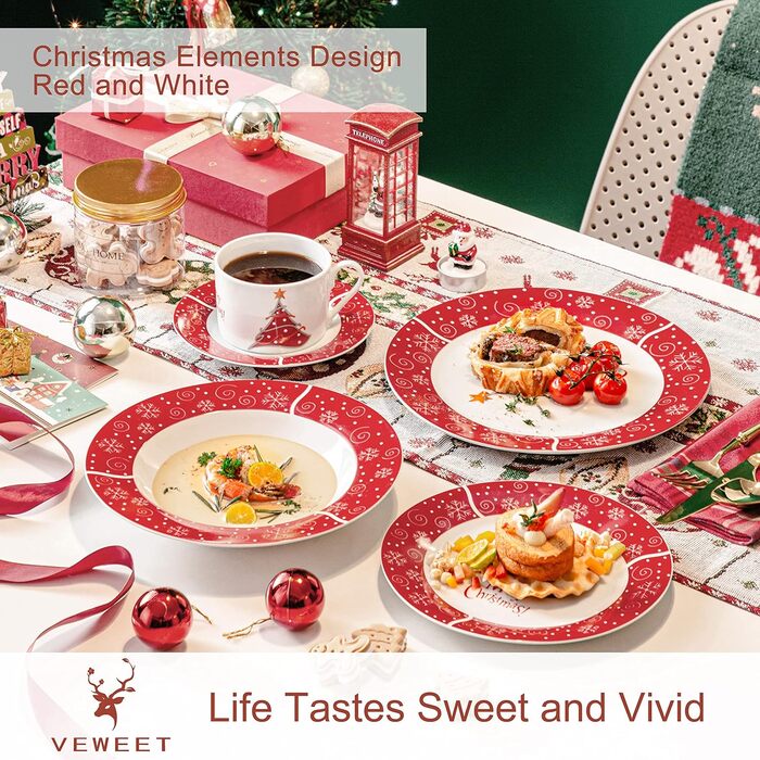 Серія 30-предметний порцеляновий різдвяний набір посуду на 6 осіб, різдвяний кавовий сервіз на 6 обідніх тарілок, 6 десертних тарілок, 6 супових тарілок, 6 кавових чашок та 6 блюдець (Christmastree-1, обідній сервіз на 30 предметів)