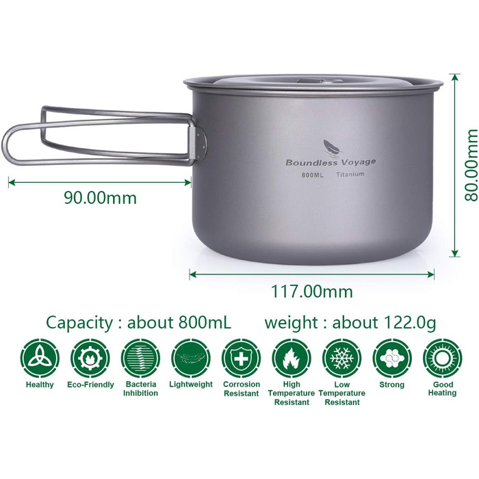 Безмежна подорож на відкритому повітрі 750 мл 800 мл 1100 мл 1300 мл Титанова каструля з кришкою Складна ручка для застави Кемпінг Піші прогулянки Пікнік Ультралегка портативна пляшка для води Чашка Кухоль Набір свиней (чашка 800 мл)