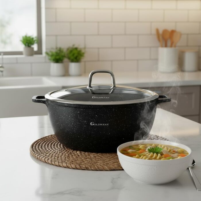 Каструля/горщик GOLDMANN з антипригарним покриттям та скляною кришкою, 6,5 л, мармурове керамічне покриття, для всіх варильних поверхонь, екологічно чиста (32 см)