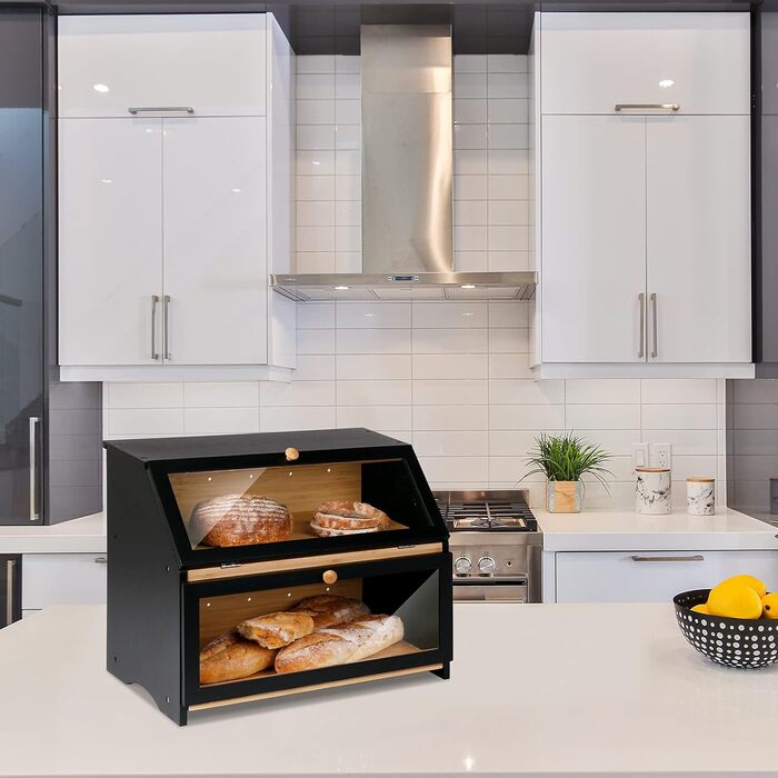 Дворівнева бамбукова хлібниця 39 x 25 x 32 см, чорна Leader Accessories