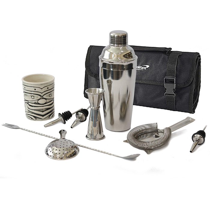 Набір бармена з сумкою, 9 предметів, сатинована сталь, GenWare + ПОДАРУНОК келих TIKI