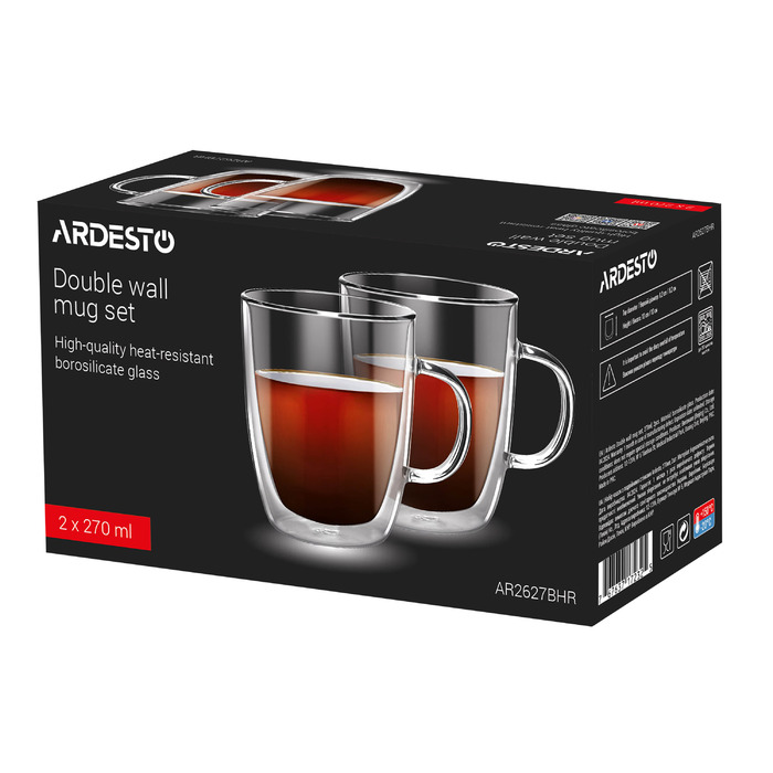 ARDESTO Набір чашок з ручками з подвійними стінками, 270 мл, В 10 см, 2 од., боросилікатне скло