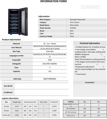 Винний холодильник з світлодіодним освітлення до 12 пляшок Zilan