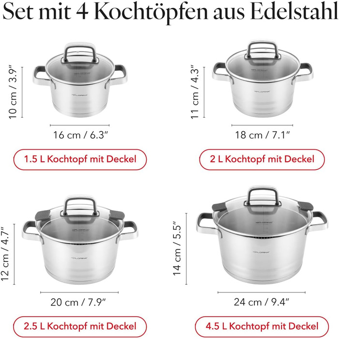 Набір посуду FLORINA 4 предмети Нержавіюча сталь 18/0 Кришка із загартованого скла Для індукційних, газових, електричних та керамічних варильних поверхонь Можна мити в посудомийній машині Високоякісний набір посуду для кожної кухні (8 предметів, Smart)