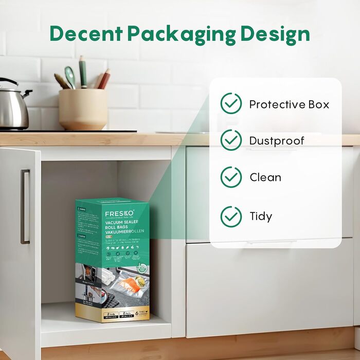 Вакуумні пакети FRESKO, 2 рулони, 28 x 600 см, професійні пакети для вакуумного пакування, розмір підходить для всіх вакуумних пакувальників, без BPA, тиснені повітряні канавки, пакети для заморожування методом су-від (2 рулони 28 x 600 см 2 рулони 20 x 6