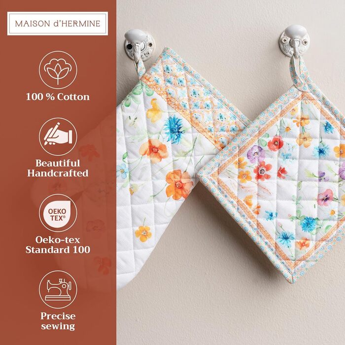 Рукавички для духовки Maison d&39 Hermine, Прихватки для каструль, 100 бавовна, термостійкі кухонні рукавички, рукавички для духовки (19 x 33 см) та прихватки для каструль (20 x 20 см) для приготування їжі, Morzine - Рукавички для духовки (19 x 33 см) та 