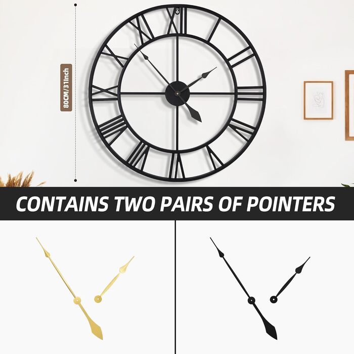 Великий круглий металевий настінний годинник у вінтажному стилі, безшумний, не цокаючий, працює від батареї, 40 см, 16 дюймів, римські цифри, годинники для вітальні, спальні, кухні, настінний годинник, прикраса (чорний, 80 см)
