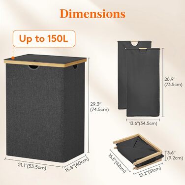 Подвійна корзина для білизни Lifewit 150 л з кришкою, дуже великий бамбуковий кошик для білизни Кошик для брудного одягу чорний