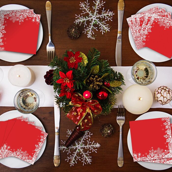 Різдвяні серветки Паперові серветки 13 x 13 дюймів Традиційні паперові серветки Різдвяні серветки Декоративна паперова прикраса для прикраси святкового столу (сніжинки), 32