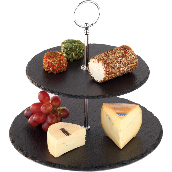 Ярусная подставка для торта, сланцевые плиты, Ø 30 см, Ø 25 см, Ø 20 см, H34 см, древесина акации (28 x 35 x см), 3-