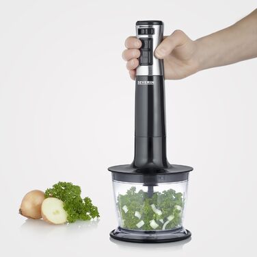 Аккумуляторный погружной блендер с комплектом премиум-класса, семный блендер, с ручным блендером, мультиизмельчителем, кувшином-блендером, толкушкой и венчиком для картофеля, черная/матовая нержавеющая сталь, SM 3775 (600 Вт, включая набор принадлежностей