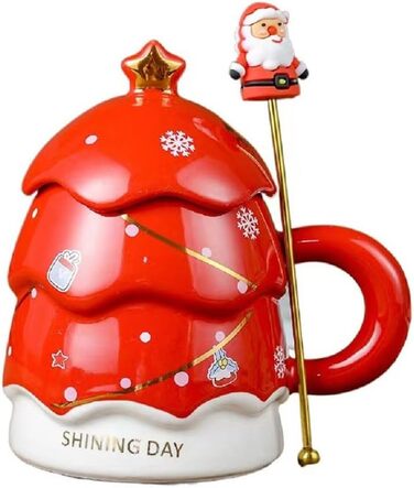 Кавовий кухоль 400 мл Різдвяна ялинка з кришкою та паличкою для перемішування, червоний YDoLimmer