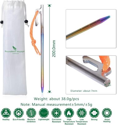 Кілочки з титанового сплаву 7 мм Надміцні цвяхи для намету Барвисті шліфовані цвяхи Міцні кемпінгові шпильки Садові кілки Кілочки для кемпінгу Тент Туристичний брезент 20 см / 24 см / 30 см / 35 см / 40 см 6 / 8 шт. / лот Ti4013P (20 см 6 шт. / лот Ti4013