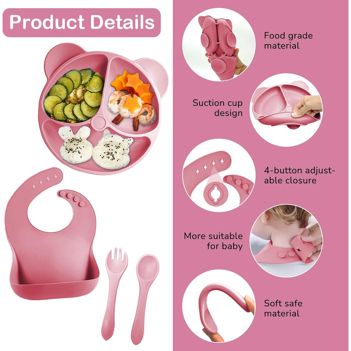 Силіконовий набір дитячого столового посуду Bizcasa з 9 предметів, нековзкий набір дитячого столового посуду, дитячий столовий посуд із присоскою, нековзна дитяча миска, дитяча тарілка, дитячий набір столових приладів для малюків, без бісфенолу А (темно-р