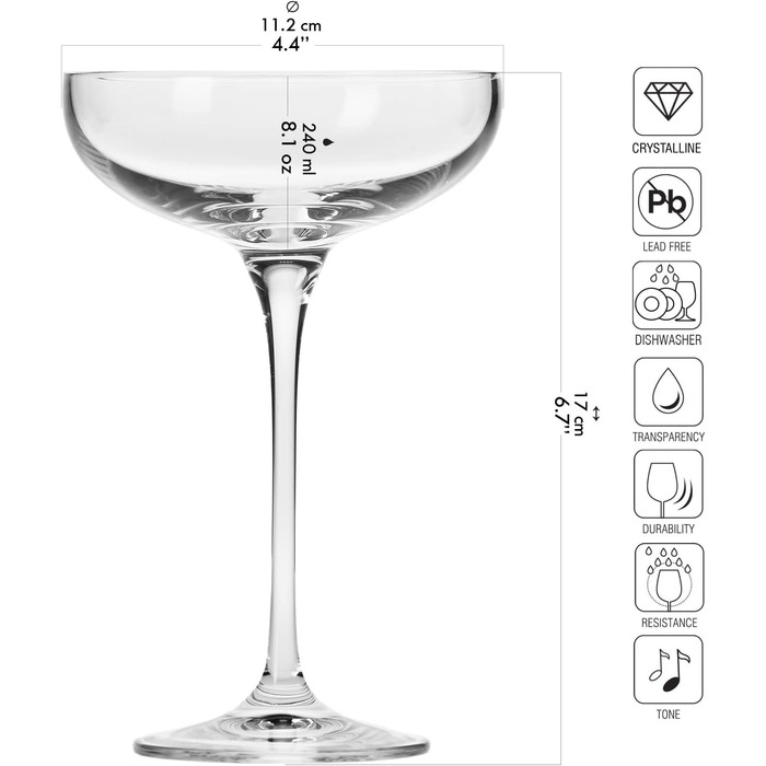 Келихи для шампанського 240 мл, набір 6 предметів, Harmony Krosno