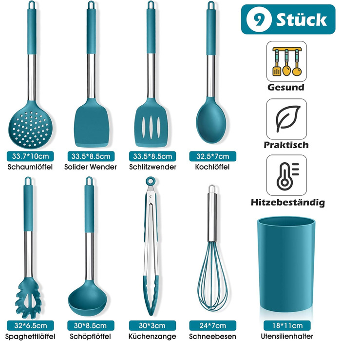 Набор кухонных гаджетов Herogo, 9 предметов силиконовой кухонной утвари, набор кухонных столовых приборов с держателем для посуды, набор шпателей для кухонной утвари с ручкой из нержавеющей стали, термостойкий и антипригарный (синий)