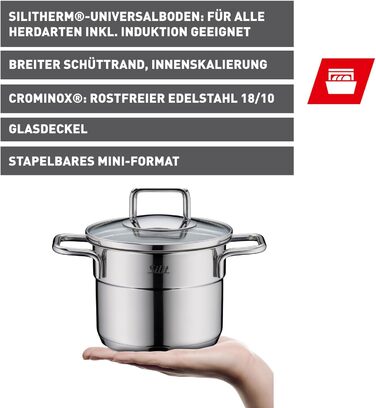 Набір посуду Silit Extra Cook каструлі 12/14 см зі скляною кришкою, внутрішньою мірною шкалою, широким обідком для зливу, з нержавіючої сталі Crominox, для невеликих порцій, компактно складаються, запобігають капанню (каструля для мяса, 12 см)