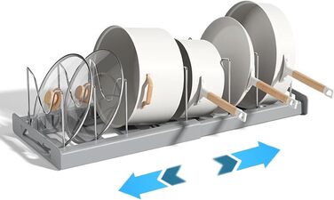 Розширюваний органайзер для каструль, органайзер для каструль та сковорідок, нековзний, регульований розмір, багатоцільовий органайзер для каструль у шафі з 7 тримачами для кухонь, офісів, ресторанів (сірий)