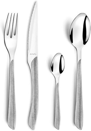 Набор столовых приборов, 24 предмета, набор столовых приборов на 6 человек, коричневые пластиковые ручки под дерево, можно мыть в посудомоечной машине, столовые приборы из нержавеющей стали, светлое дерево (серое дерево)