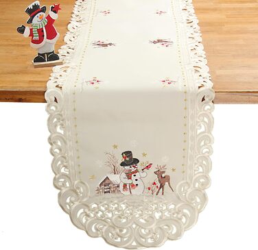Різдвяна скатертина/доріжка HanaQi зі сніговиком та оленями, зимовий пейзаж з ажурною вишивкою, поліестер, колір екрю/крем - розмір на вибір (приблизно 38 x 108 см, овальна) (170 x 43 см (овальна))