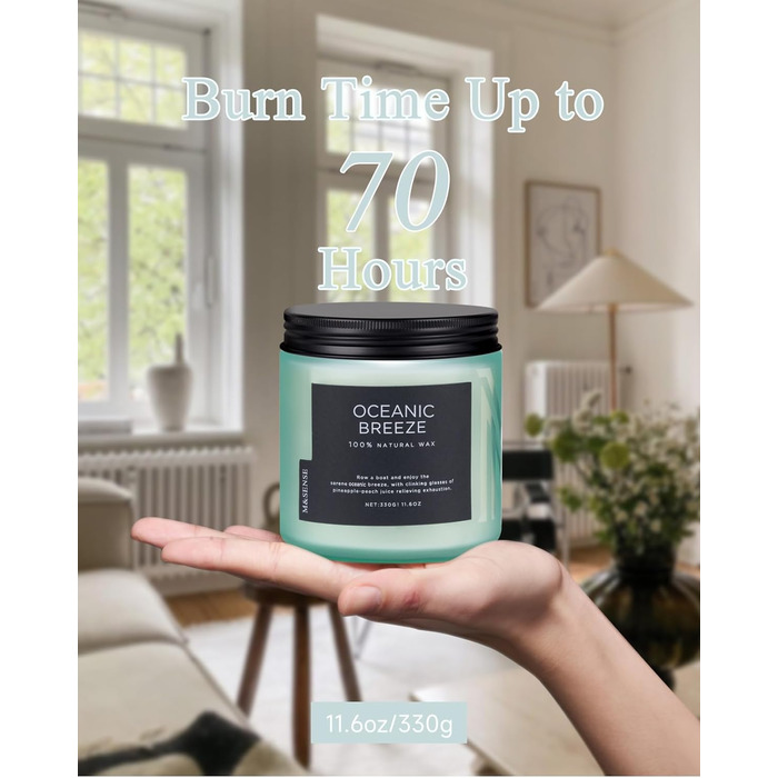 Ароматичні свічки M&SENSE Кава у скляній банці з 2 гнітами 330 г, час горіння 70 годин, свічка з натурального соєвого воску для спальні, кухні, декору дому, подарункова свічка для чоловіків та жінок, смажена кава (океанський бриз)