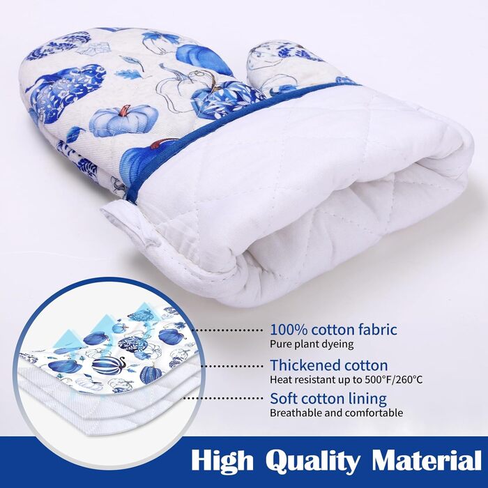 Набір з 2 різдвяних рукавиць для духовки та підставки для каструль Arquiel, 100 бавовняні кулінарні рукавички, термостійкі кухонні рукавички для приготування їжі, різдвяні подарунки для декору кухні для жінок (синій гарбуз, рукавиця для духовки*2 підставк