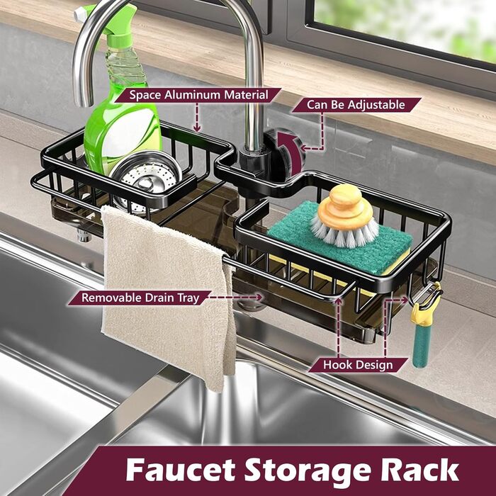 Органайзер для раковини LACEEZEN, тримач для губки для кранів діаметром 1,78-2,8 см, круглий, компактний тримач для рушників, кухонний органайзер (чорний, цільний)