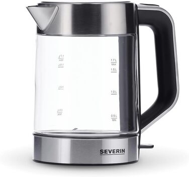 Скляний чайник SEVERIN з об'ємом наповнення 1,7 л XXL, потужний і компактний чайник у високоякісному дизайні, електрочайник з фільтром від накипу, 2200 Вт, скло з нержавіючої сталі, WK 3420 одинарний