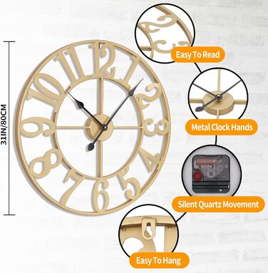 Великі круглі металеві безшумні настінні часи у вінтажному стилі 80 см HAITANG