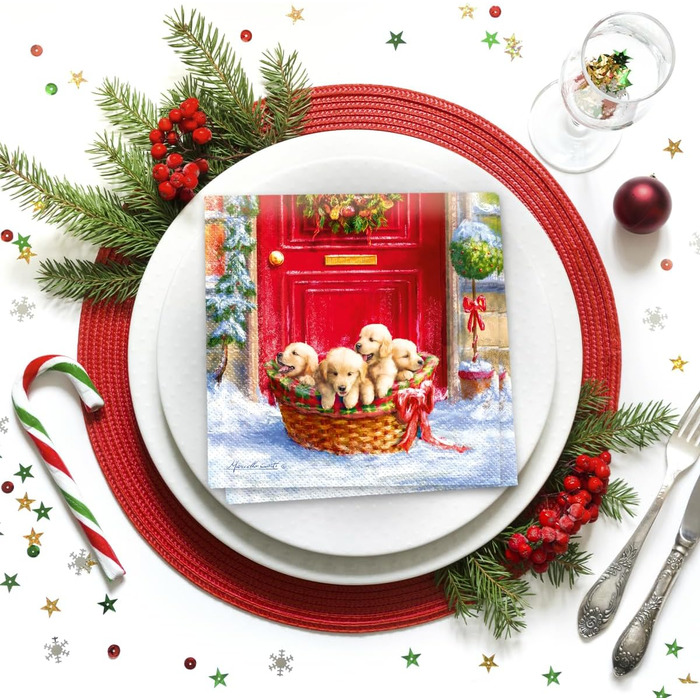 Серветки 3-шарові (33 x 33 см) I 20 шт. I Різнокольорові паперові серветки, ідеальні для різдвяного столу I Серветки - Різдво, зима, зірки, сніг, сніговики I (Різдвяні цуценята)