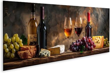 Друк на полотні Сільський натюрморт з пляшками вина, келихами, виноградом, сиром, хлібом на дерев&39яному столі, картини, настінний художній постер (полотно 120x40 см - Панорама)
