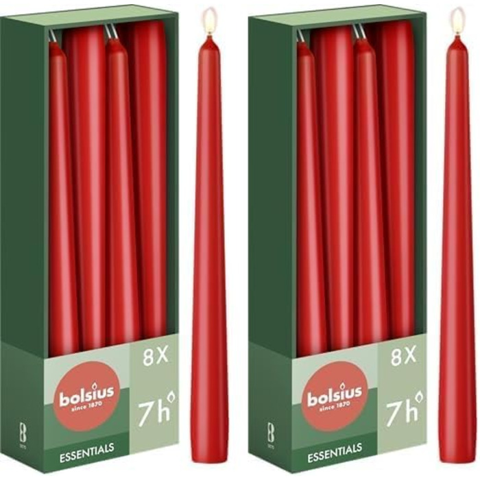 Набір з 16 конічних свічок 2,4 x 24,5 см, 2 упаковки по 8 шт, червоний Essentials Bolsius