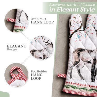 Рукавички для духовки, прихватки для каструль Maison d&39 Hermine, 100 бавовна, термостійкі кухонні рукавички, рукавички для духовки (19 x 33 см) та прихватки для каструль (20 x 20 см) для приготування їжі, Морзін - Рукавички для духовки (19 x 33 см) та п