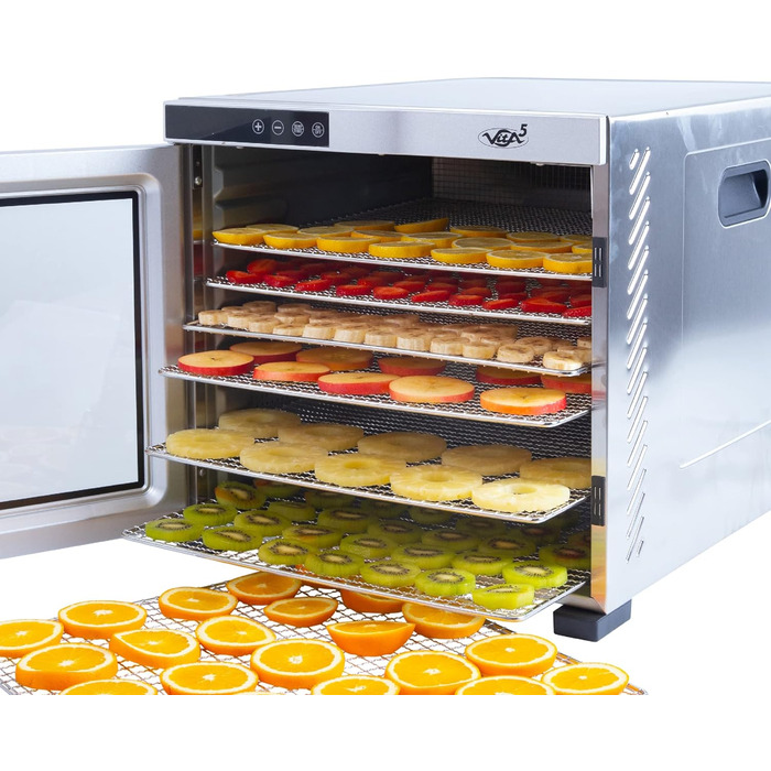 Дегідратор з нержавіючої сталі - Дегідратор з регулятором температури (35-75C) для сушіння фруктів, грибів і м'яса - Сушильна машина 650 Вт з функцією таймера на 24 години - Дегідратор Food Vita5 (10 рівнів, срібло)