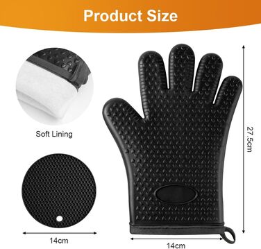 Набір рукавичок для духовки AUAUY, 1 пара силіконових рукавичок для духовки з 2 тримачами для каструль, нековзні кулінарні рукавички, термостійкі рукавички для духовки, рукавички для кухні, приготування їжі, випічки, гриля, барбекю (чорні-п&39ять пальців)