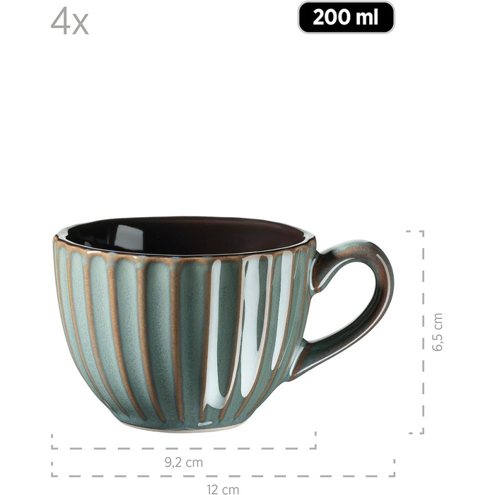 Набор посуды MSER серии 931966 Confino на 4 персоны в современном винтажном стиле, Сервиз для завтрака из 12 предметов из керамики бирюзового цвета с черными акцентами, Сервиз для кофе из керамогранита Teal