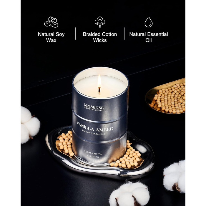 Ароматичні свічки M&SENSE з натурального соєвого воску, натуральна соєва свічка для домашнього декору, тривале горіння до 70 годин, класні подарунки-свічки для чоловіків і жінок (600 г, ванільно-янтарний)