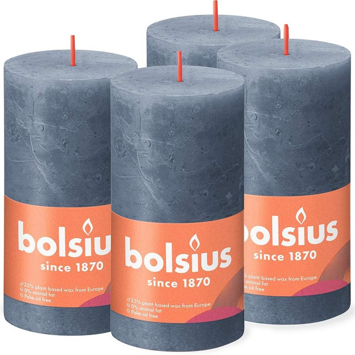 Свічки Bolsius Rustic Pillar - Оливково-зелені - Набір з 4 шт. - Декоративні побутові свічки - Час горіння 60 годин - Без запаху - Натуральний рослинний віск - Без пальмової олії - Оливково-зелені (13 x 7 см, темно-сині)