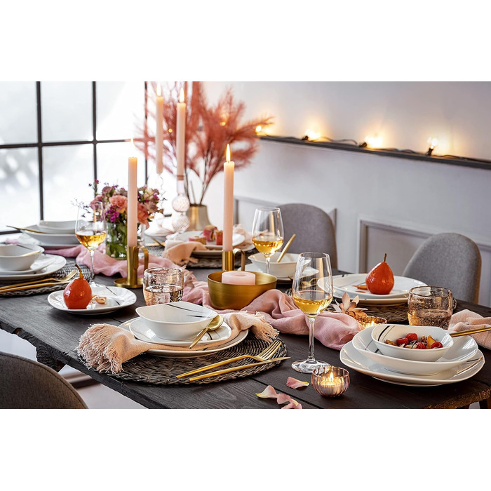 СПІВАЧКА Порцеляновий столовий сервіз Bilgola Black Lines, набір посуду з 18 предметів на 6 персон, набір тарілок, квадратний столовий сервіз 18 шт.