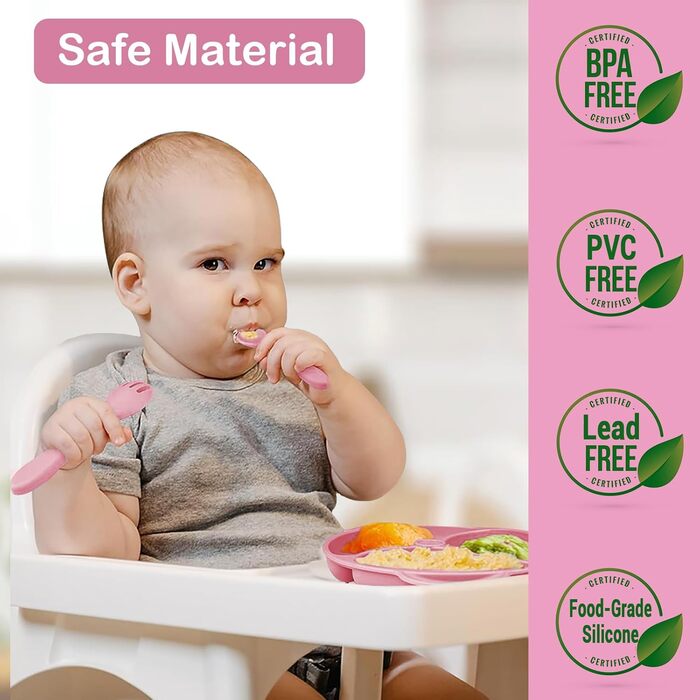Силіконовий набір дитячого столового посуду Bizcasa з 9 предметів, нековзкий набір дитячого столового посуду, дитячий столовий посуд із присоскою, нековзна дитяча миска, дитяча тарілка, дитячий набір столових приладів для малюків, без бісфенолу А (темно-р
