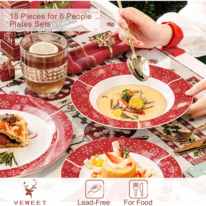 Серія 30-предметний порцеляновий різдвяний набір посуду на 6 осіб, різдвяний кавовий сервіз на 6 обідніх тарілок, 6 десертних тарілок, 6 супових тарілок, 6 кавових чашок та 6 блюдець (Christmastree-1, обідній сервіз на 18 предметів)