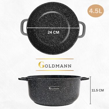 Каструля/горщик GOLDMANN з антипригарним покриттям та скляною кришкою, 6,5 л, мармурове керамічне покриття, для всіх варильних поверхонь, екологічно чиста (24 см)