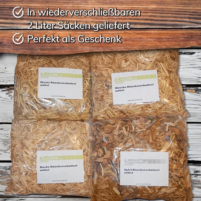Коптильна стружка 2 л середній розмір, набір 4 предмети, Вишня, Яблуко, Акація, Бук Landree