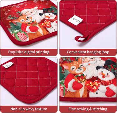 Набір з 2 різдвяних рукавичок для духовки та прихваток Arquiel, 100 бавовняні кулінарні рукавички, термостійкі кухонні рукавички для приготування їжі, різдвяні подарунки для жінок (Санта Клаус, рукавички для духовки*2 прихватки*2)
