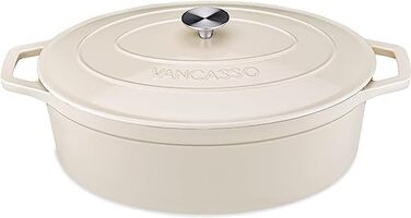 Чавунна сковорода Vancasso, чавунна каструля з кришкою, емальоване покриття об&39ємом 5 л, індукційна запіканка, каструля, чавунна сковорода для всіх типів плит, підходить для індукції, кругла, кремово-біла, 5 л біла (білий, 37 см)