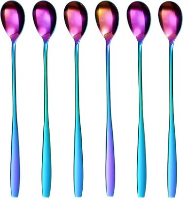 Набір ложок GRWE для лате макіато, золотистий, 6 предметів, 22 см, довгі ложки, ложки для коктейлів, десертні ложки, ложки для морозива, ложки для кави з льодом, нержавіюча сталь, можна мити в посудомийній машині (райдужний)