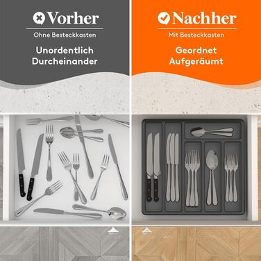Лоток для столових приборів Lifewit з кришкою, зберігання столових приборів для кухонної шухляди та стільниці, лоток для столових приборів для пластикових ящиків для ложок, виделок, ножів, вставка, 6 відділень, (чорний)